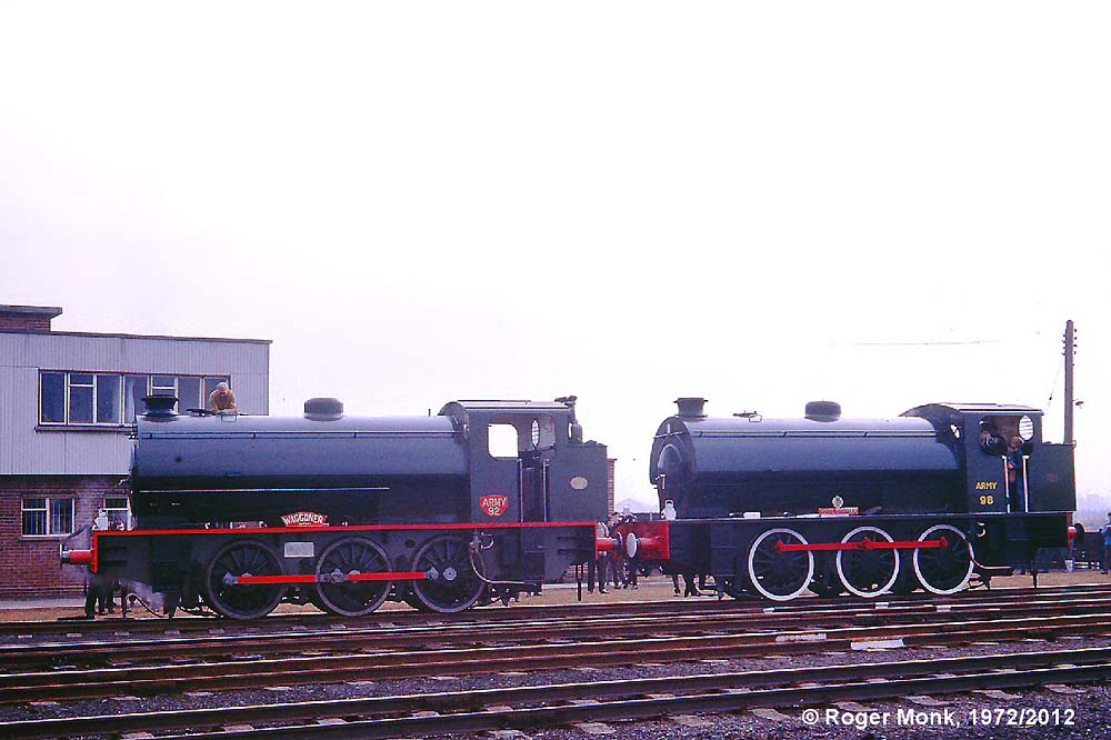 Army 98 ROYAL ENGINEER Hunslet 3798 of 1953 & 92 Hunslet 3792/53 WAGGONER adjacent to the Railway Control Office. These two steam locos were in steam for a special open day