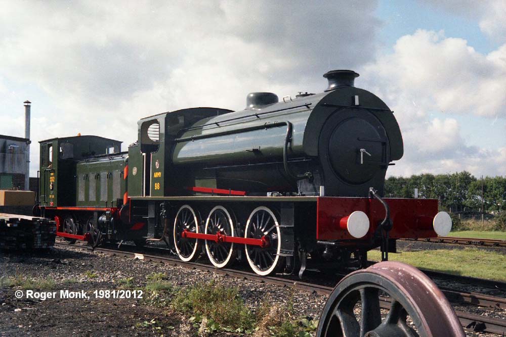 Army 98 is seen outside Long Marston's locomotive shed in 1981