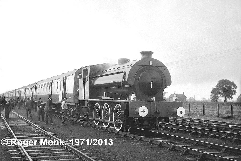 Army 98 ROYAL ENGINEER approaching the Depot's North Gate with a railtour train in October 1971