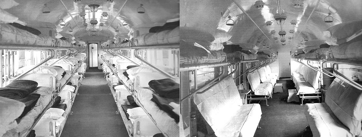 Two views of the inside of an Open Ward Coach constructed for an Ambulance train at Swindon Works