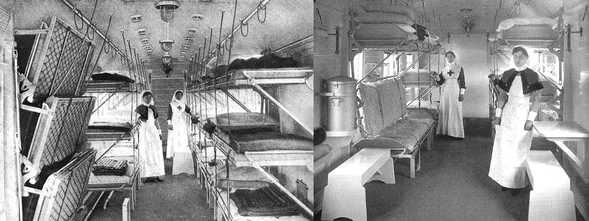 Two views of the inside of an Open Ward Coach constructed for Continental Ambulance train No 18 at Swindon Works