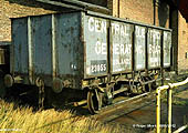 A comparatively rare example of a post-nationalisation 'private owner' coal wagon seen dumped on the tippler 14 October 1982