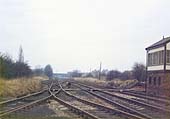 A 1980 view looking in the direction of Nuneaton with the two 'headshunt' sidings on the left and the signal cabin on the right