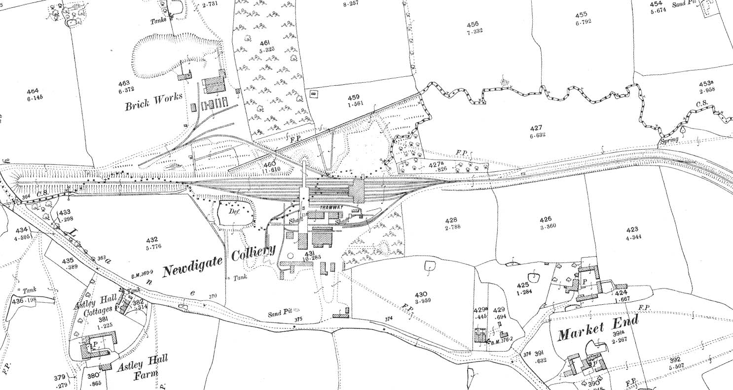 A 1902 Ordnance Survey map of Newdigate Colliery showing the location of the shaft, the loading sidings and on the left the headshunt used to marshal the coal wagons