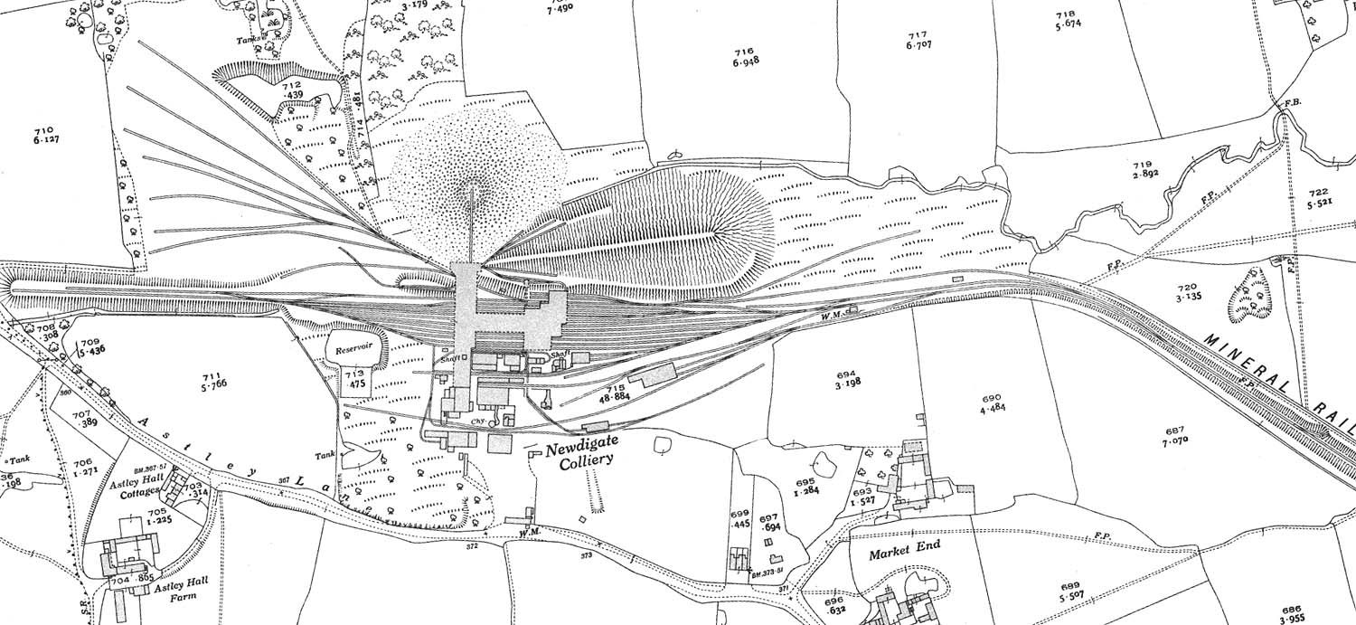 A 1937 Ordnance Survey map of Newdigate Colliery showing the modification to the approach and the installation of more sidings