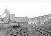 Looking towards the winding house, headgear on the left and the coal screens on the right with waste conveyor above