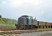 Hunslet Diesel Hydraulic 0-6-0 runs light engine past loaded steel bodied wagons on 26th June 1980