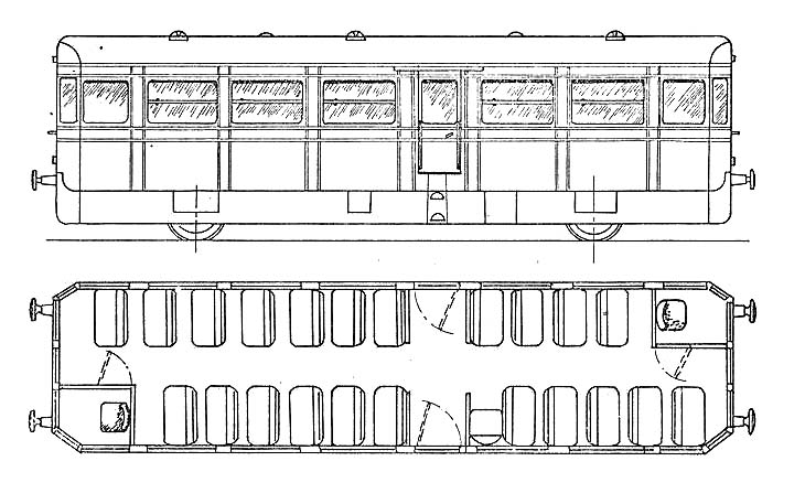 Schematic drawing showing Railcar No 2, the Motor Third (later 79740), with seating capacity for forty-five people