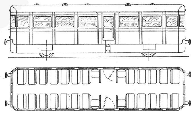 Schematic drawing showing Railcar No No 3, the Trailer Third (later 79741), with seating capacity for fifty-two passengers