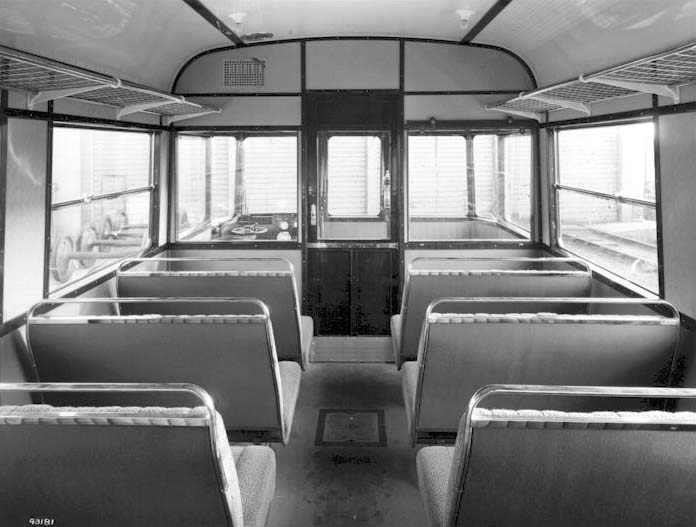 Opposite internal view of Railcar No 1, the Motor Brake Third (later 79742), with a seating capacity of thirty-two people