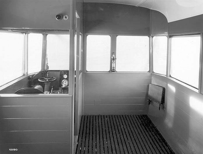 Internal view of the driver's cab in Railcar No 1, the Motor Brake Third (later 79742), with luggage space to the side