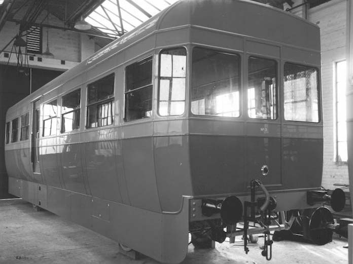 View of the completed Railcar No 3, the Trailer Third (later 79741) standing inside Park Royal Vehicles' factory