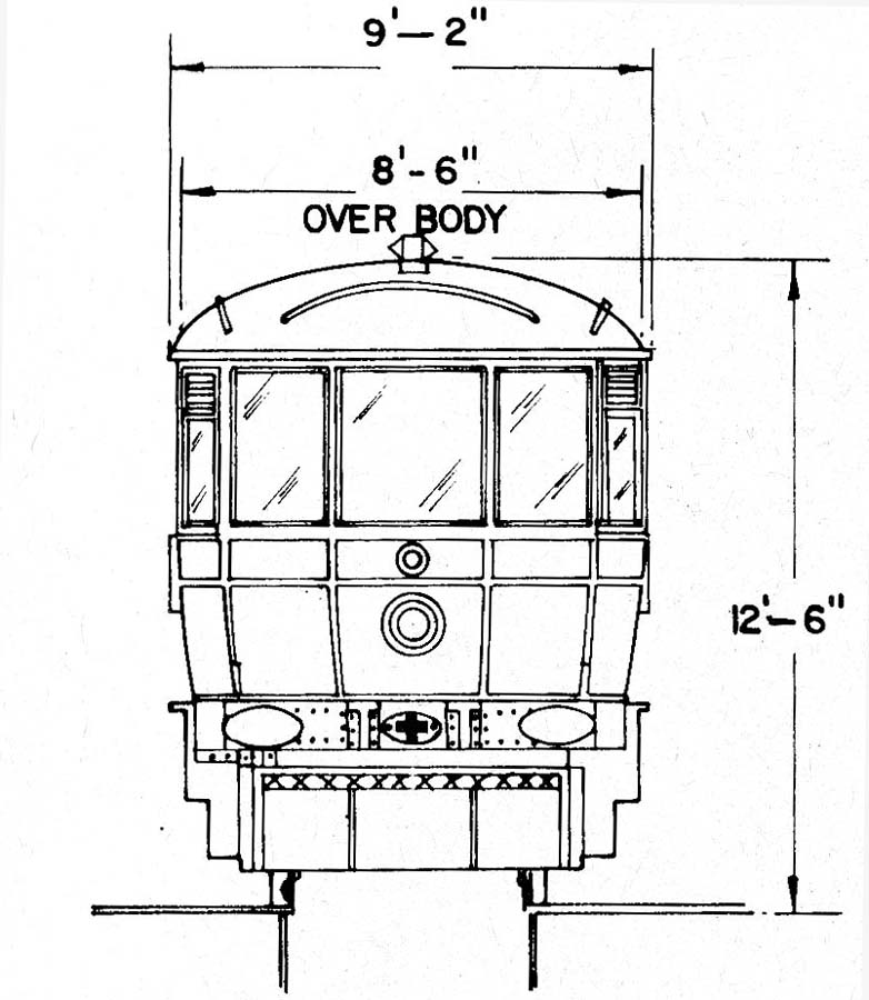 A front elevation drawing of the 1911 experimental two 105 hp Daimler sleeve-valve engined Daimler Railcar