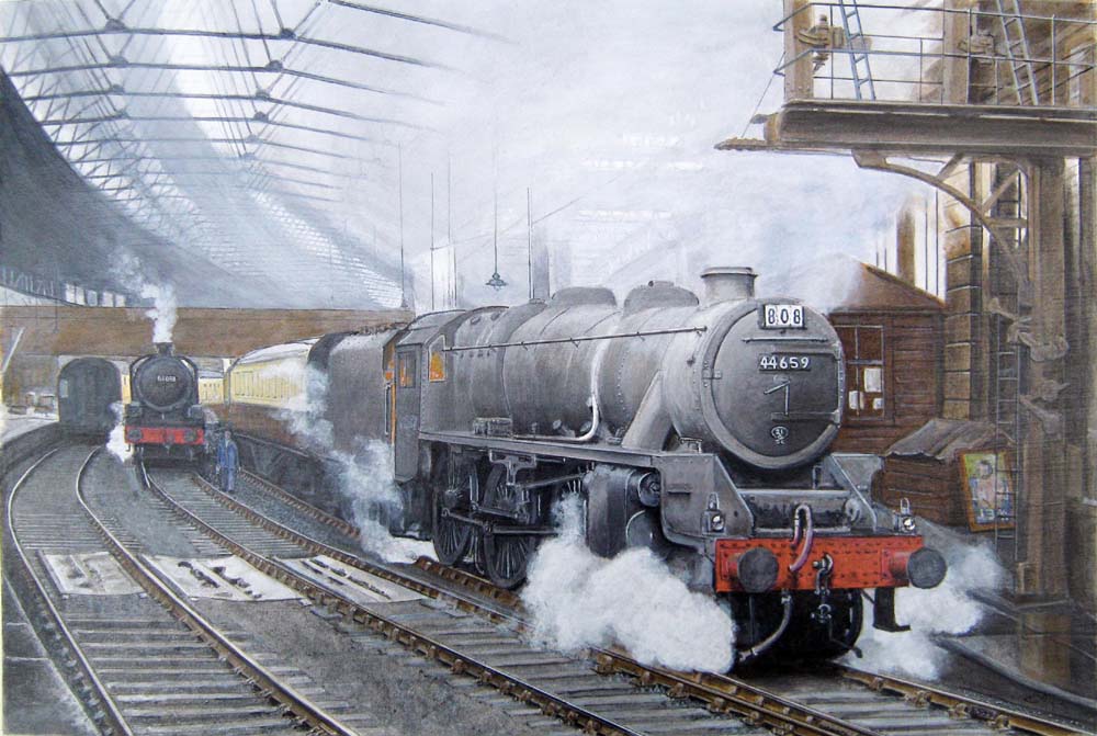 One of Stanier's ubiquitous Black 5 locomotives, No 44659, prepares to depart Platform 7 on the 4:25pm relief service to Sheffield