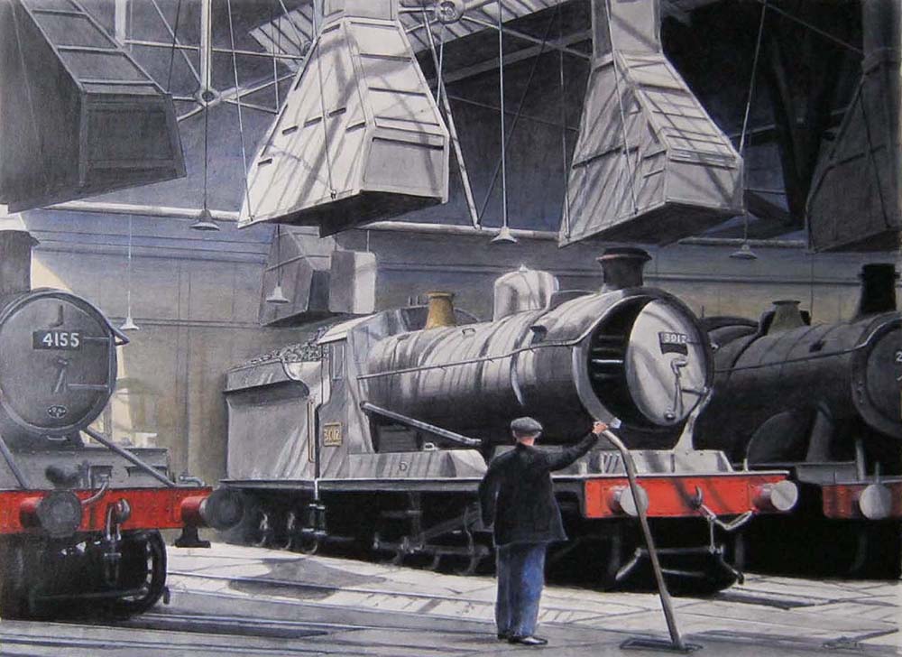 Ex-ROD 2-8-0 No 3012 stands with its smokebox door open with ex-GWR 2-6-2T No 4155 standing cold alongside as a fireman operates the turntable