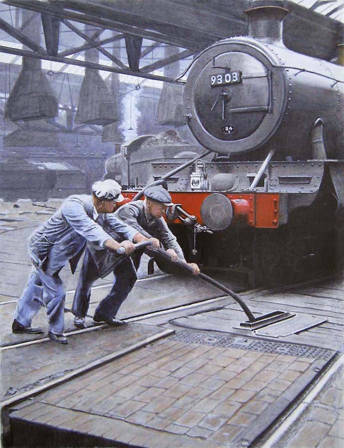 Ex-GWR 2-6-0 No 9303, carrying a 84E shed plate is seen being turned on one of Tyseley's internal turntables