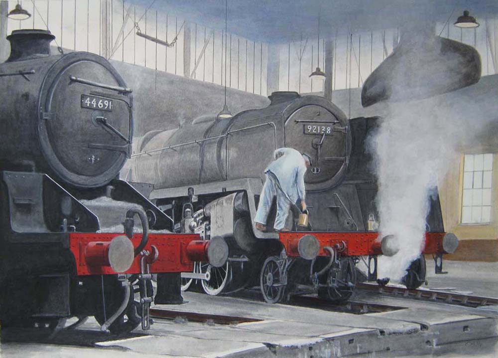 BR Standard 9F 2-10-0 No 92138 is seen being prepared by its driver inside one of Saltley shed's roundhouses