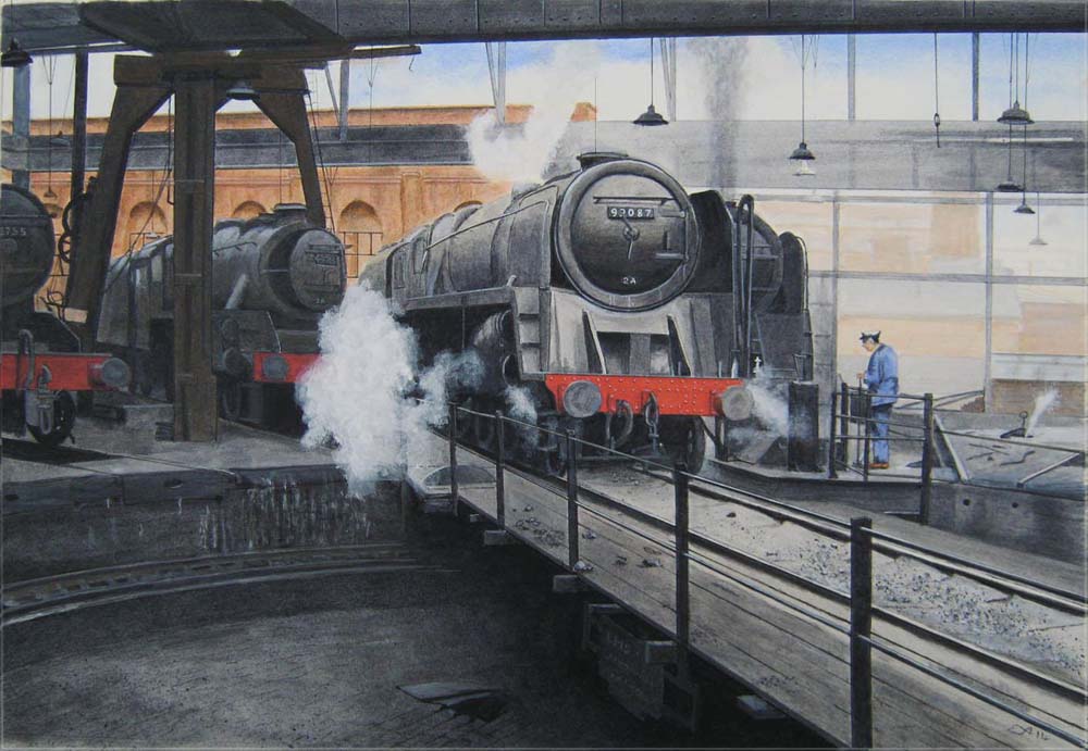 BR Standard 9F 2-10-0 No 92087 is seen being moved forward on to Saltley shed's No 3 turntable ready for its next turn