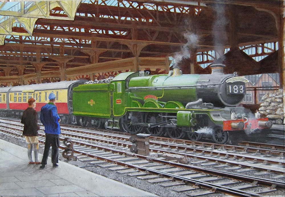 Ex-GWR 4-6-0 Castle class No 5082 'Swordfish' is seen standing at Platform 7 whilst at the head of the up 'Cambrian Coast Express