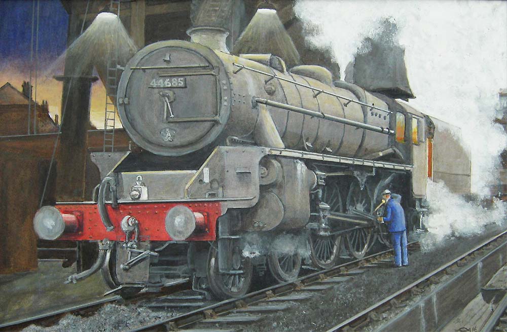 The driver of ex-LMS 4-6-0 'Black 5' No 44685 oils the motion during preparation for the days ' work at Aston shed