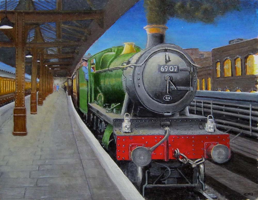 Ex-GWR 4-6-0 'Hall Class' No 6907 'Davenham Hall' stands at Snow Hill's platform 2 on an up express service from Wolverhampton Low Level station