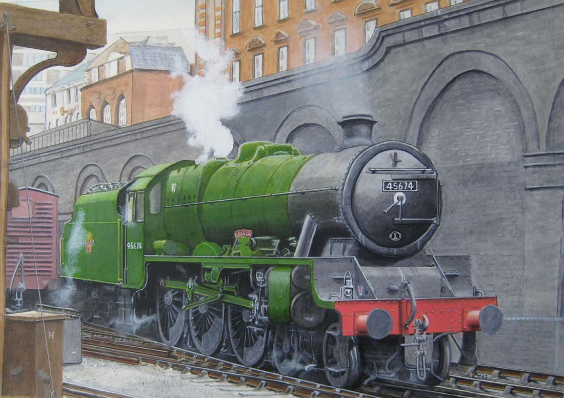 Ex-LMS 5XP Jubilee Class' 4-6-0 No 45674 'Duncan' stands in New Street station's Fish Sidings in February 1964