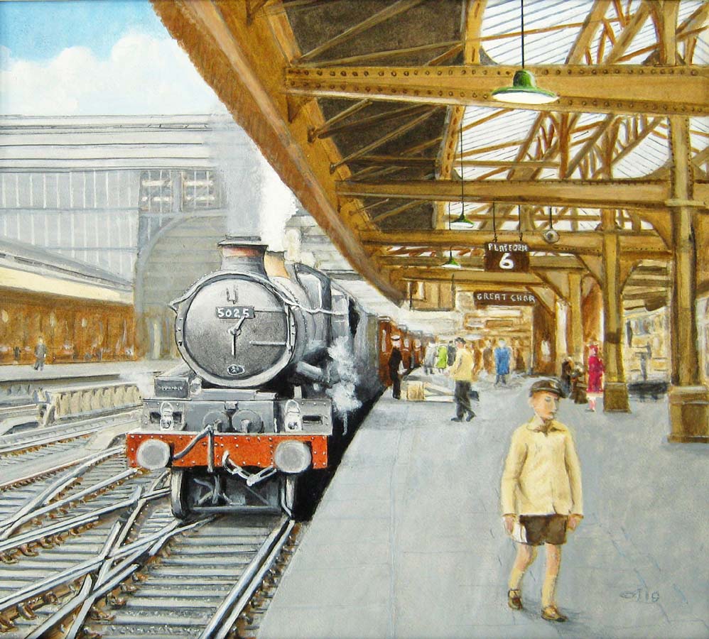 Ex-GWR 4-6-0 No 5025 Chirk Castle is seen standing at Snow Hill station's Platform 6 with an express service