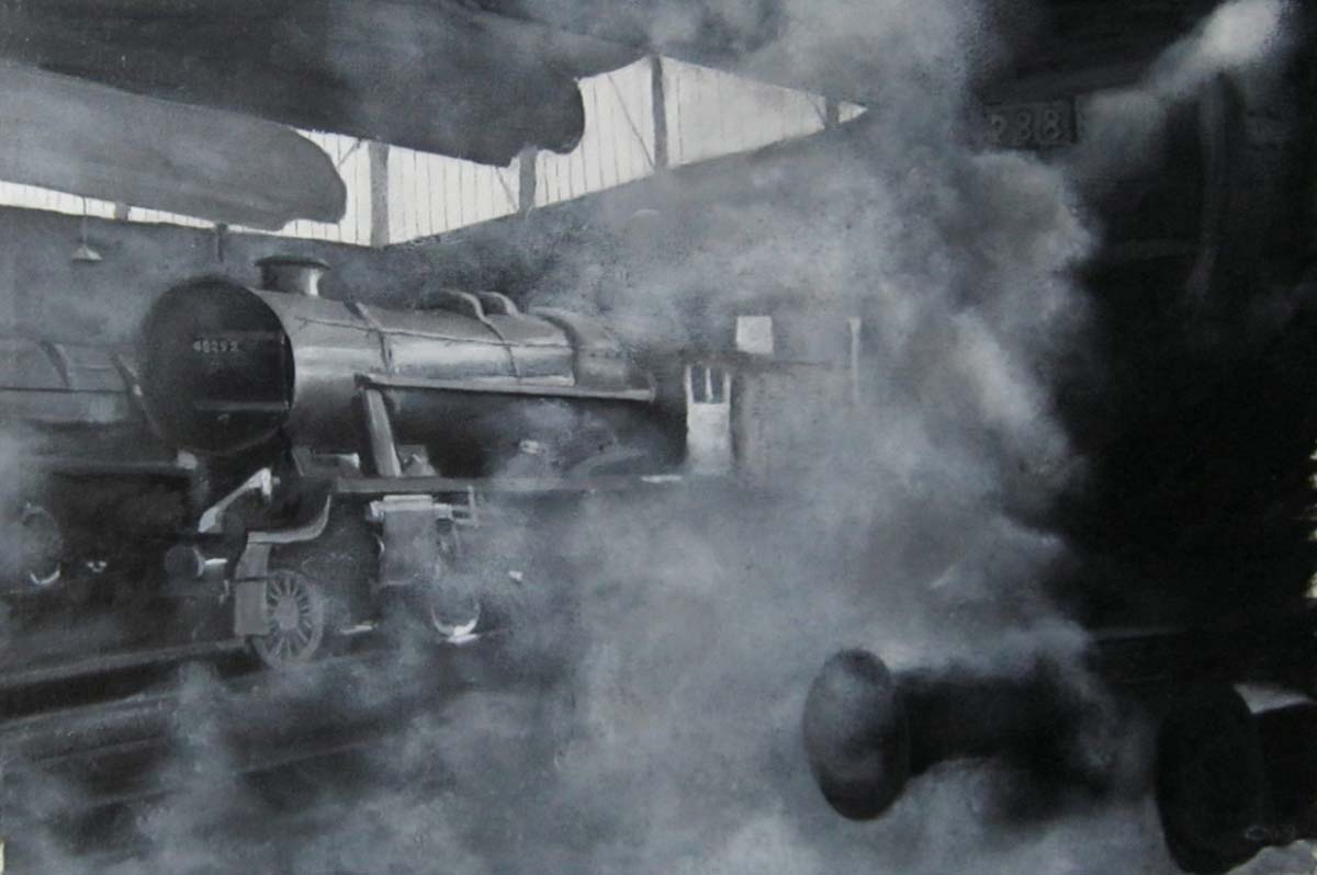 Ex-WD 2-8-0 'Stanier' 8F No 48292 stands inside Saltley shed amidst the smoke, steam and gloom
