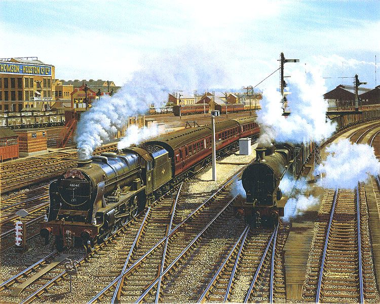 'Royal Scot' class 4-6-0 No. 46141 'THE NORTH STAFFORDSHIRE REGIMENT' with the down 'Irish Mail' at Rugby No 5 signal box