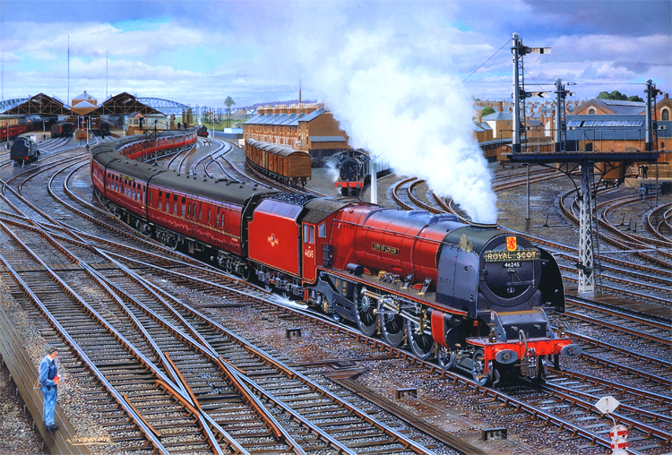 The down 'Royal Scot' is seen about to pass under the wooden footbridge at Rugby in 1959 behind No. 46245 'City of London'