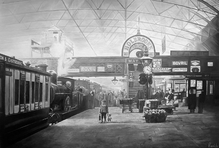 Railway staff look on as a boy holding his tedy bear waits to board his first steam train in around 1910 at New Street Station, Birmingham