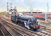 LMS Stanier 'Black 5' No 5052 is seen running light engine as it passes Coventry Goods yard next to No 3 Signal Box