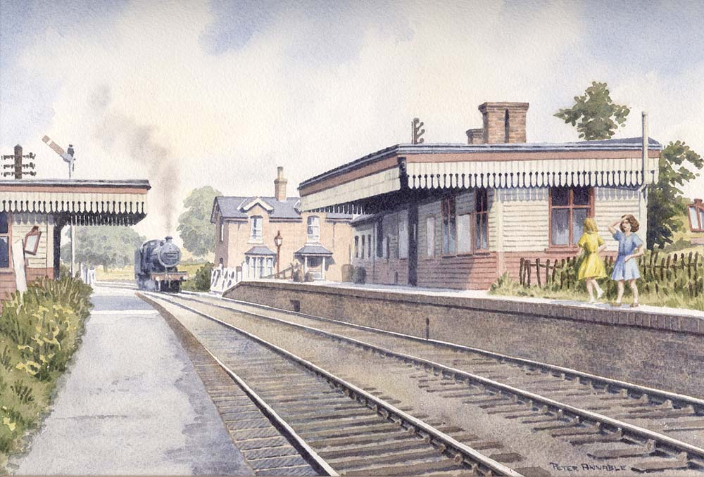 A watercolour painting showing an ex-MR 4-4-0 2P drifting past Clifton Mill station's level crossing