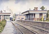 A watercolour painting showing an ex-MR 4-4-0 2P drifting past Clifton Mill station's level crossing