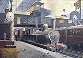 Ex-LNWR 2-4-2T No 6636 stands beneath the footbridge at New Street upon which No 5 Signal Cabin acts as sentinel